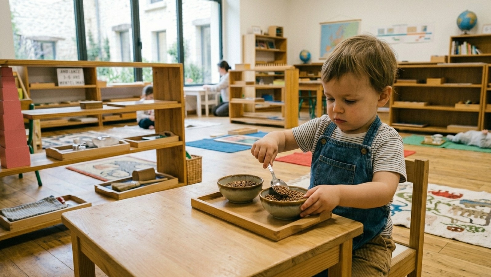 A toddler in denim dungarees spooning dried beans between two bowls, a practical life activity in a Montessori classroom