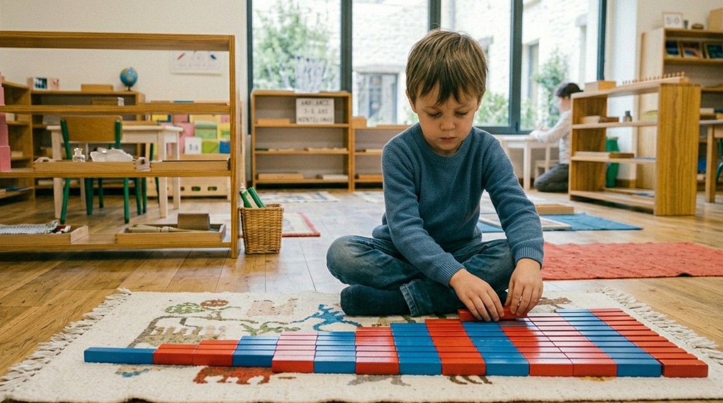 A boy arranging the red and blue Montessori number rods on a mat in a Montessori classroom