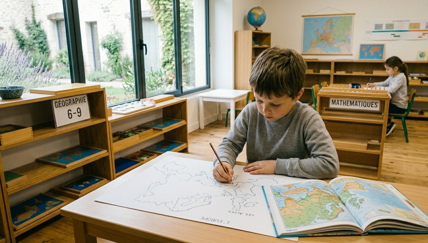 An elementary-age boy tracing a map of Europe at a table in a Montessori classroom, with a wall map and globe nearby