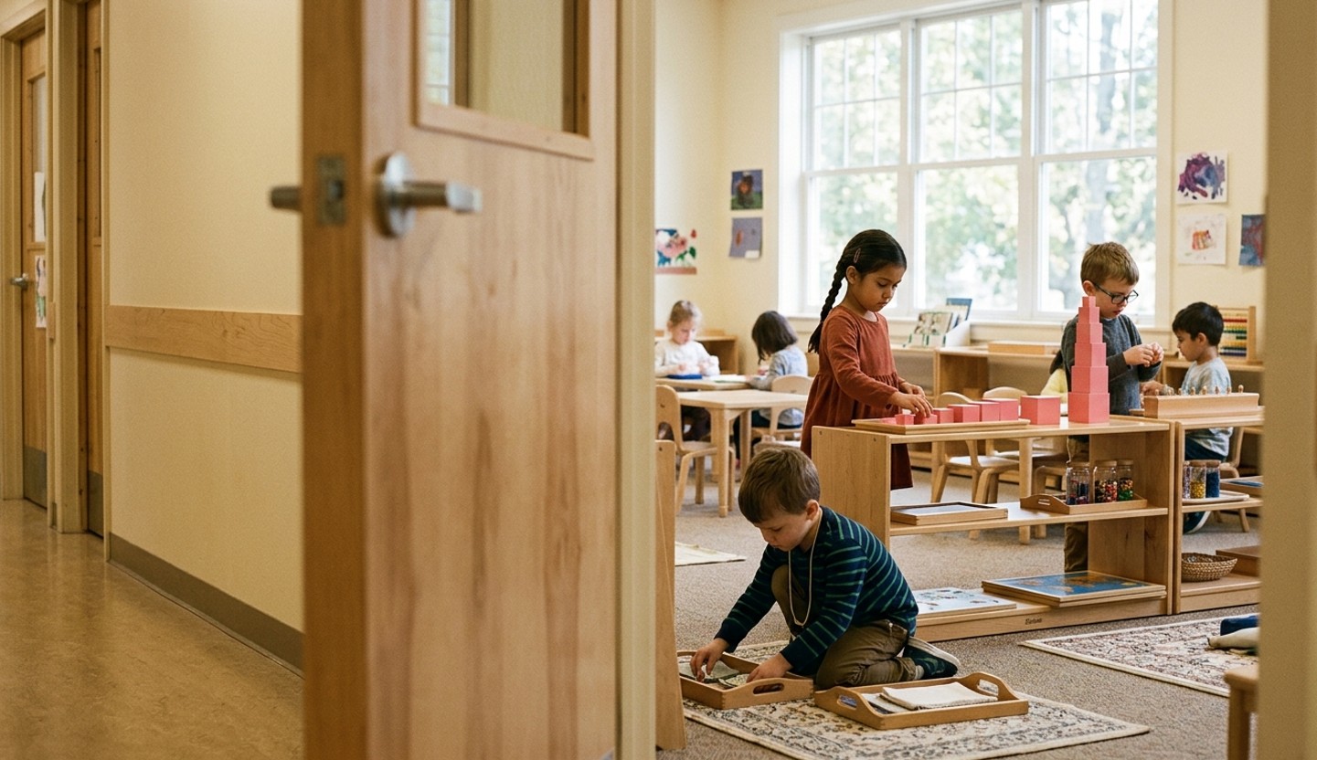 Interior of a Montessori classroom with shelves of sequenced materials