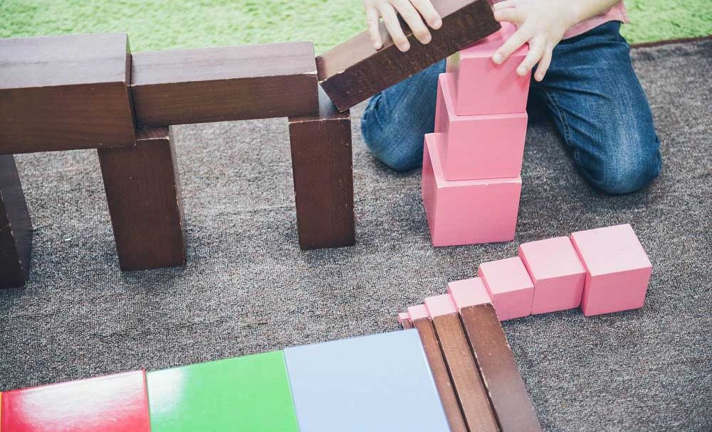 A child on a rug surrounded by classic Montessori sensorial materials, including Pink Tower cubes, Brown Stair prisms, and color tablets