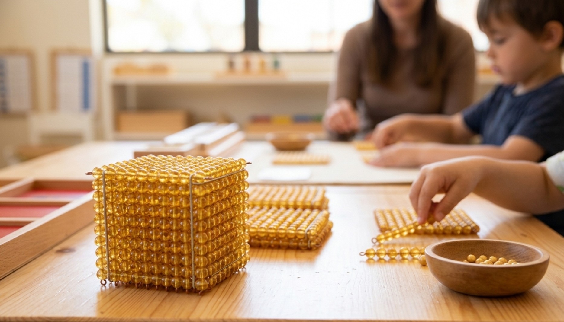 The Montessori Golden Bead material, a thousand cube and bead bars on a table, with a child counting units