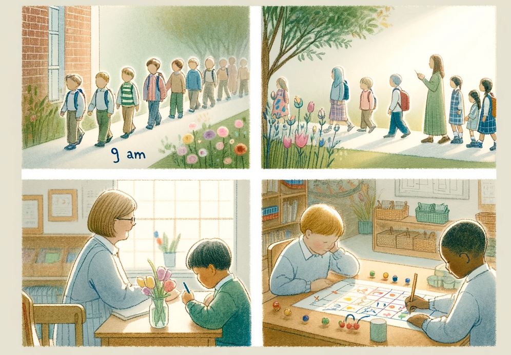 Children arriving and choosing their own work during a Montessori classroom morning